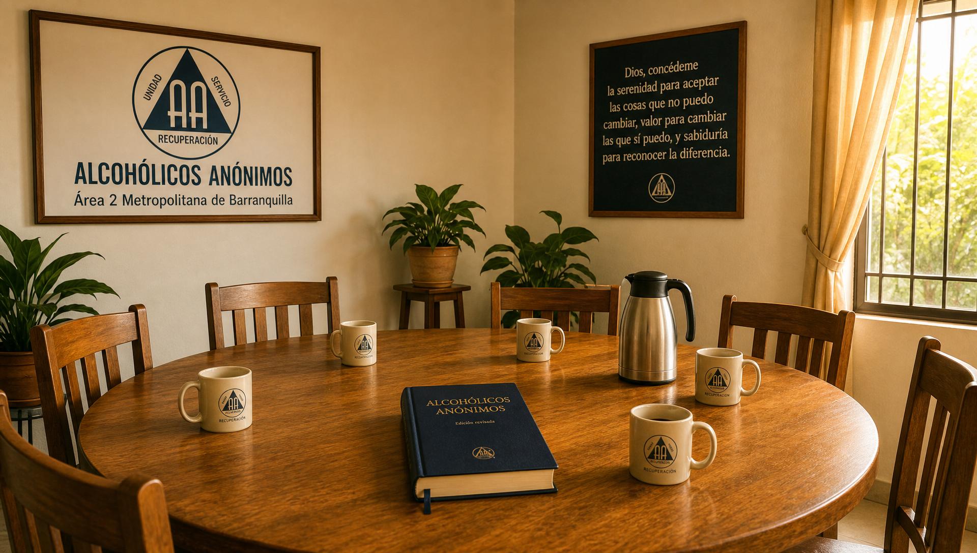 Salón de reunión de Alcohólicos Anónimos: mesa redonda de madera con el Libro Grande, tazas de café y un termo; en la pared izquierda un cuadro con el logotipo de AA y el texto Alcohólicos Anónimos, Área 2 Metropolitana de Barranquilla, y en la pared derecha un cuadro con la Oración de la Serenidad